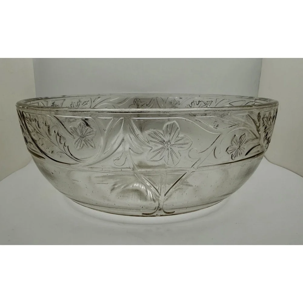 VTG Manganese Clear Pressed Glass Bowl Floral Vine Starburst Base UV Glow 9.5